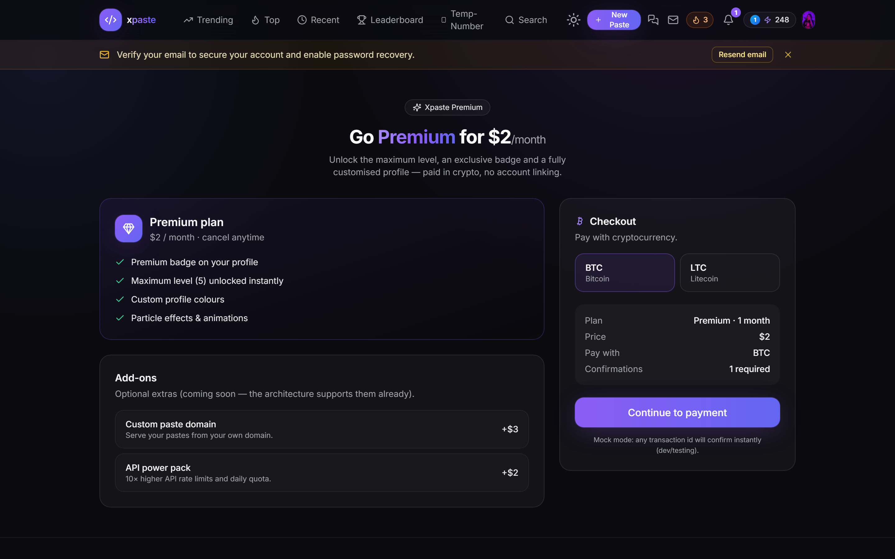 Go Premium, pay in crypto